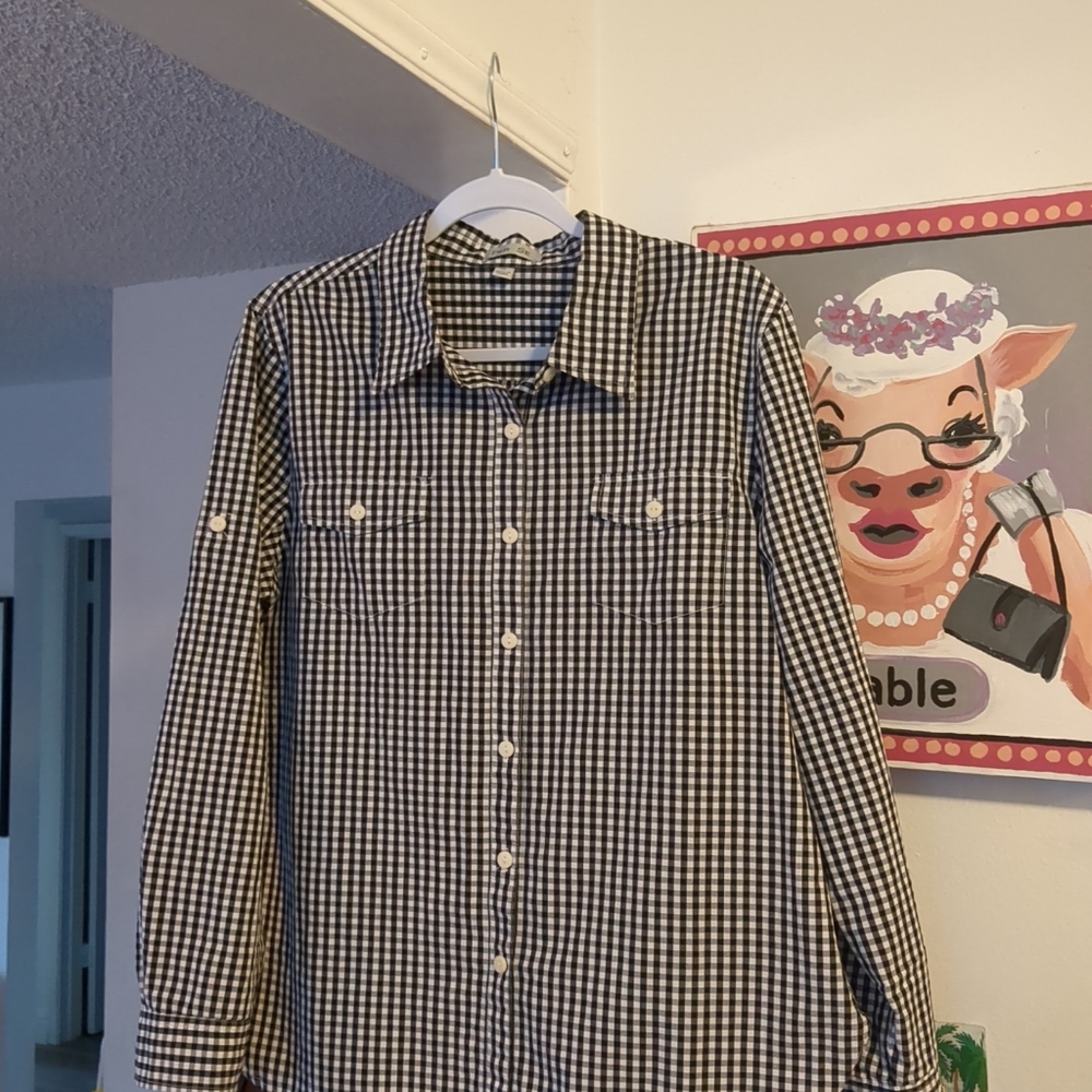 Black & White GINGHAM CHECK Cotton Shirt Women's XL - Per Se - Picture 3 of 5